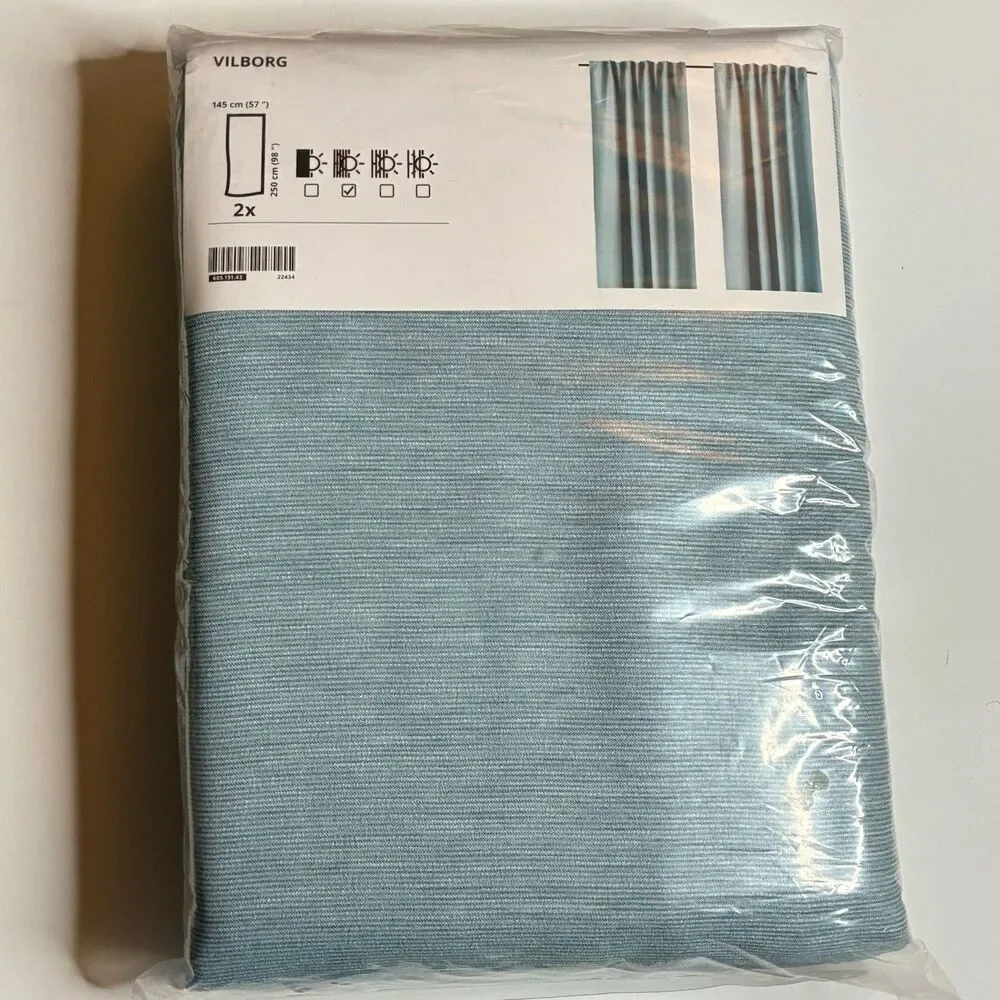 IKEA Vilborg Room Darkening Lined Curtains 57”x98” Light Slate Blue 1 Pair NEW